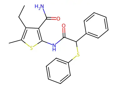 4-ethyl-5-methyl-2-[(2-phenyl-2-phenylsulfanylacetyl)amino]thiophene-3-carboxamide structure