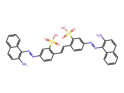 Benzenesulfonic acid, 2,2'-((E)-1,2-ethenediyl)bis(5-((E)-(2-amino-1-naphthalenyl)azo)- structure