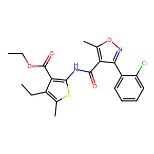 ethyl 2-[[3-(2-chlorophenyl)-5-methyl-1,2-oxazole-4-carbonyl]amino]-4-ethyl-5-methylthiophene-3-carboxylate structure
