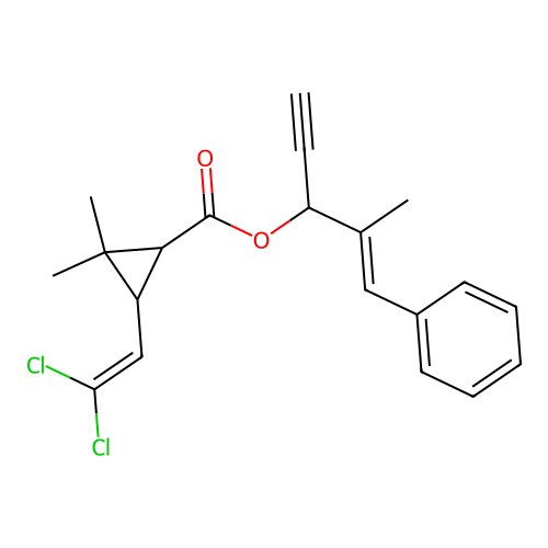 Cyclopropanecarboxylic acid, 3-(2,2-dichloroethenyl)-2,2-dimethyl-, 1-ethynyl-2-methyl-3-phenyl-2-propenyl ester structure
