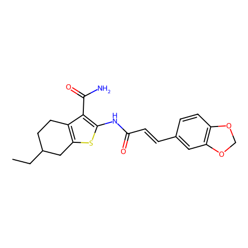 2-[[(E)-3-(1,3-benzodioxol-5-yl)prop-2-enoyl]amino]-6-ethyl-4,5,6,7-tetrahydro-1-benzothiophene-3-carboxamide structure