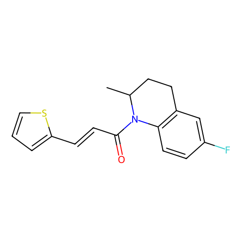(E)-1-(6-fluoro-2-methyl-3,4-dihydro-2H-quinolin-1-yl)-3-thiophen-2-ylprop-2-en-1-one structure