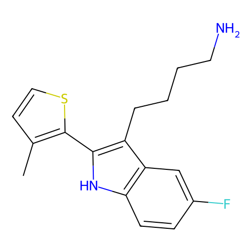 4-[5-fluoro-2-(3-methylthiophen-2-yl)-1H-indol-3-yl]butan-1-amine structure