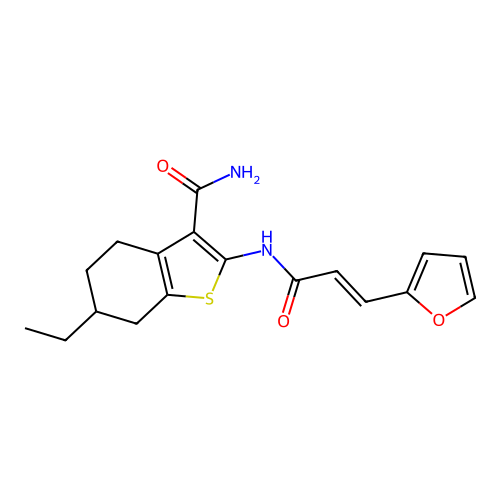 6-ethyl-2-[[(E)-3-(furan-2-yl)prop-2-enoyl]amino]-4,5,6,7-tetrahydro-1-benzothiophene-3-carboxamide structure
