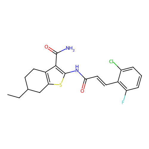 2-[[(E)-3-(2-chloro-6-fluorophenyl)prop-2-enoyl]amino]-6-ethyl-4,5,6,7-tetrahydro-1-benzothiophene-3-carboxamide structure