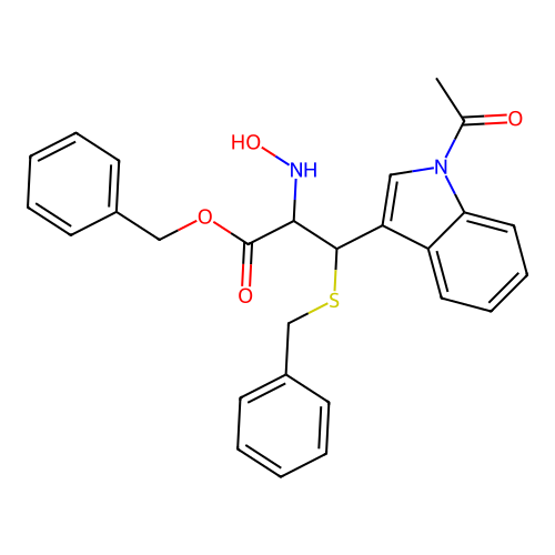 benzyl 1-acetyl-beta-(benzylsulfanyl)-N-hydroxytryptophanate structure
