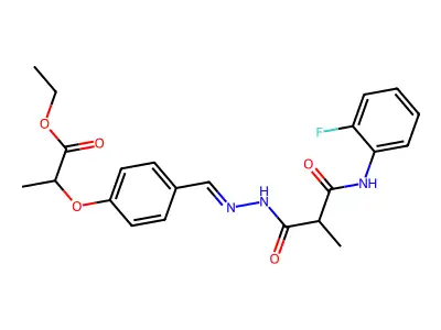 Ethyl 2-[4-({2-[3-(2-fluoroanilino)-2-methyl-3-oxopropanoyl]hydrazinylidene}methyl)phenoxy]propanoate structure