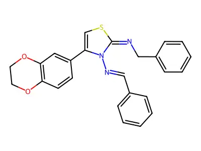 N-benzyl-3-(benzylideneamino)-4-(2,3-dihydro-1,4-benzodioxin-6-yl)-1,3-thiazol-2-imine structure