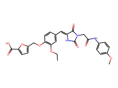 5-{[2-Ethoxy-4-({1-[2-(4-methoxyanilino)-2-oxoethyl]-2,5-dioxoimidazolidin-4-ylidene}methyl)phenoxy]methyl}furan-2-carboxylic acid structure