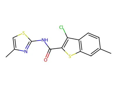 3-chloro-6-methyl-N-(4-methyl-1,3-thiazol-2-yl)-1-benzothiophene-2-carboxamide structure