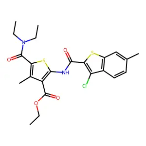 ethyl 2-[(3-chloro-6-methyl-1-benzothiophene-2-carbonyl)amino]-5-(diethylcarbamoyl)-4-methylthiophene-3-carboxylate structure