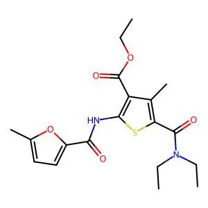 ethyl 5-(diethylcarbamoyl)-4-methyl-2-[(5-methylfuran-2-carbonyl)amino]thiophene-3-carboxylate structure