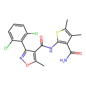N-(3-carbamoyl-4,5-dimethylthiophen-2-yl)-3-(2,6-dichlorophenyl)-5-methyl-1,2-oxazole-4-carboxamide structure
