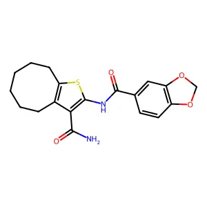 N-(3-carbamoyl-4,5,6,7,8,9-hexahydrocycloocta[b]thiophen-2-yl)-1,3-benzodioxole-5-carboxamide structure