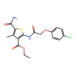 ethyl 5-carbamoyl-2-[[2-(4-chlorophenoxy)acetyl]amino]-4-methylthiophene-3-carboxylate structure