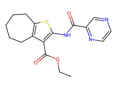 ethyl 2-(pyrazine-2-carbonylamino)-5,6,7,8-tetrahydro-4H-cyclohepta[b]thiophene-3-carboxylate structure