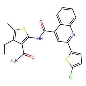 N-(3-carbamoyl-4-ethyl-5-methylthiophen-2-yl)-2-(5-chlorothiophen-2-yl)quinoline-4-carboxamide structure