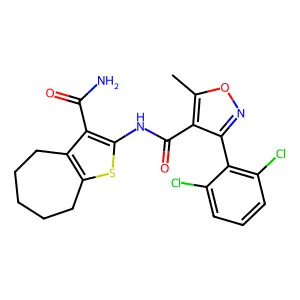 N-(3-carbamoyl-5,6,7,8-tetrahydro-4H-cyclohepta[b]thiophen-2-yl)-3-(2,6-dichlorophenyl)-5-methyl-1,2-oxazole-4-carboxamide structure