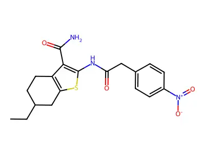 6-ethyl-2-[[2-(4-nitrophenyl)acetyl]amino]-4,5,6,7-tetrahydro-1-benzothiophene-3-carboxamide structure