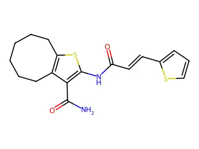 2-[[(E)-3-thiophen-2-ylprop-2-enoyl]amino]-4,5,6,7,8,9-hexahydrocycloocta[b]thiophene-3-carboxamide structure