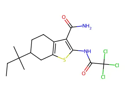 6-(2-methylbutan-2-yl)-2-[(2,2,2-trichloroacetyl)amino]-4,5,6,7-tetrahydro-1-benzothiophene-3-carboxamide structure