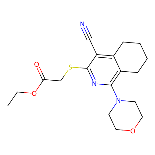 Ethyl 2-(4-cyano-1-morpholin-4-yl-3-5,6,7,8-tetrahydroisoquinolylthio)acetate structure