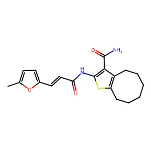 2-[[(E)-3-(5-methylfuran-2-yl)prop-2-enoyl]amino]-4,5,6,7,8,9-hexahydrocycloocta[b]thiophene-3-carboxamide structure