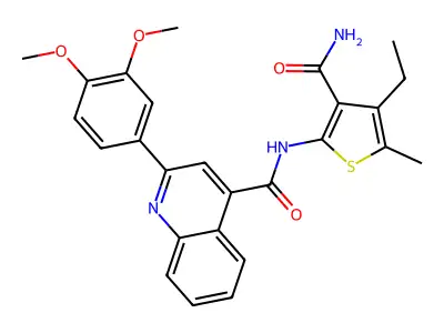 N-(3-carbamoyl-4-ethyl-5-methylthiophen-2-yl)-2-(3,4-dimethoxyphenyl)quinoline-4-carboxamide structure