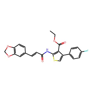ethyl 2-[[(E)-3-(1,3-benzodioxol-5-yl)prop-2-enoyl]amino]-4-(4-fluorophenyl)thiophene-3-carboxylate structure