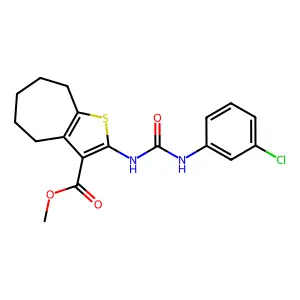 methyl 2-[(3-chlorophenyl)carbamoylamino]-5,6,7,8-tetrahydro-4H-cyclohepta[b]thiophene-3-carboxylate structure