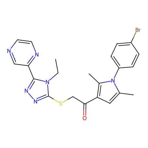 1-[1-(4-bromophenyl)-2,5-dimethylpyrrol-3-yl]-2-[(4-ethyl-5-pyrazin-2-yl-1,2,4-triazol-3-yl)sulfanyl]ethanone structure