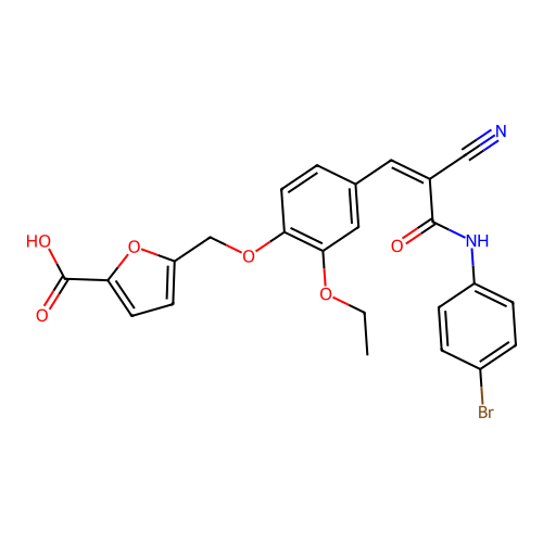 5-[[4-[3-(4-bromoanilino)-2-cyano-3-oxoprop-1-enyl]-2-ethoxyphenoxy]methyl]furan-2-carboxylic acid structure