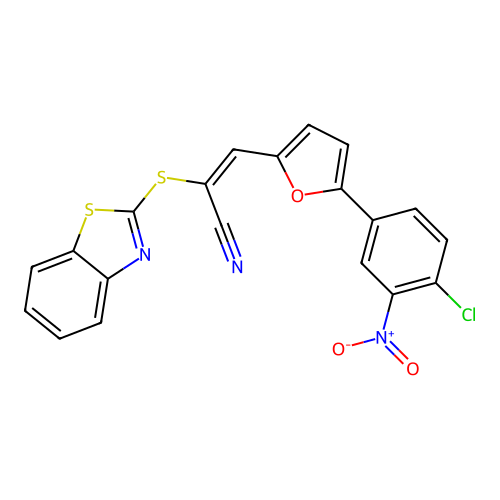 2-benzothiazol-2-ylsulfanyl-3-[5-(4-chloro-3-nitro-phenyl)-2-furyl]prop-2-enenitrile structure
