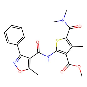 methyl 5-(dimethylcarbamoyl)-4-methyl-2-[(5-methyl-3-phenyl-1,2-oxazole-4-carbonyl)amino]thiophene-3-carboxylate structure
