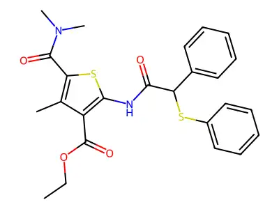 ethyl 5-(dimethylcarbamoyl)-4-methyl-2-[(2-phenyl-2-phenylsulfanylacetyl)amino]thiophene-3-carboxylate structure