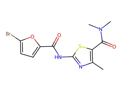 2-[(5-bromofuran-2-carbonyl)amino]-N,N,4-trimethyl-1,3-thiazole-5-carboxamide structure