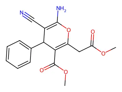 methyl 6-amino-5-cyano-2-(2-methoxy-2-oxoethyl)-4-phenyl-4H-pyran-3-carboxylate structure