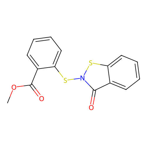 Benzoic acid, 2-[(3-oxo-1,2-benzisothiazol-2(3H)-yl)thio]-, methyl ester structure