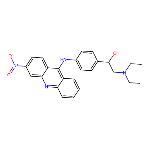 Benzyl alcohol, alpha-((diethylamino)methyl)-4-((3-nitro-9-acridinyl)amino)- structure