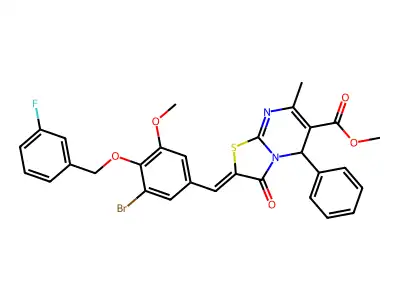 Methyl 2-({3-bromo-4-[(3-fluorophenyl)methoxy]-5-methoxyphenyl}methylidene)-7-methyl-3-oxo-5-phenyl-2,3-dihydro-5H-[1,3]thiazolo[3,2-a]pyrimidine-6-carboxylate structure