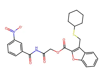[2-[(3-nitrobenzoyl)amino]-2-oxoethyl] 3-(cyclohexylsulfanylmethyl)-1-benzofuran-2-carboxylate structure