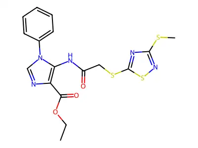 Ethyl 5-(2-{[3-(methylsulfanyl)-1,2,4-thiadiazol-5-yl]sulfanyl}acetamido)-1-phenyl-1H-imidazole-4-carboxylate structure