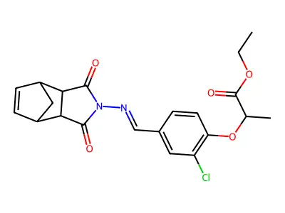 Ethyl 2-(2-chloro-4-{[(1,3-dioxo-1,3,3a,4,7,7a-hexahydro-2H-4,7-methanoisoindol-2-yl)imino]methyl}phenoxy)propanoate structure