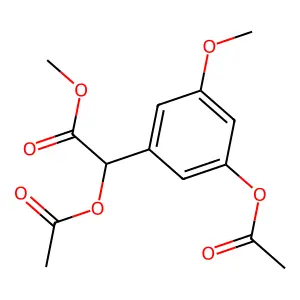 Benzeneacetic acid, alpha,3-bis(acetyloxy)-5-methoxy-, methyl ester structure