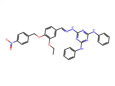 2-N-[(E)-[3-ethoxy-4-[(4-nitrophenyl)methoxy]phenyl]methylideneamino]-4-N,6-N-diphenyl-1,3,5-triazine-2,4,6-triamine structure