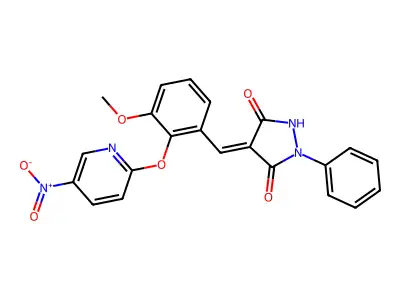 4-[[3-methoxy-2-(5-nitropyridin-2-yl)oxyphenyl]methylidene]-1-phenylpyrazolidine-3,5-dione structure