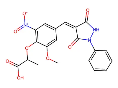 2-{4-[(3,5-Dioxo-1-phenylpyrazolidin-4-ylidene)methyl]-2-methoxy-6-nitrophenoxy}propanoic acid structure