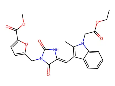 methyl 5-[[4-[[1-(2-ethoxy-2-oxoethyl)-2-methylindol-3-yl]methylidene]-2,5-dioxoimidazolidin-1-yl]methyl]furan-2-carboxylate structure
