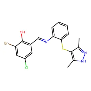 2-bromo-4-chloro-6-[[2-[(3,5-dimethyl-1H-pyrazol-4-yl)sulfanyl]phenyl]iminomethyl]phenol structure