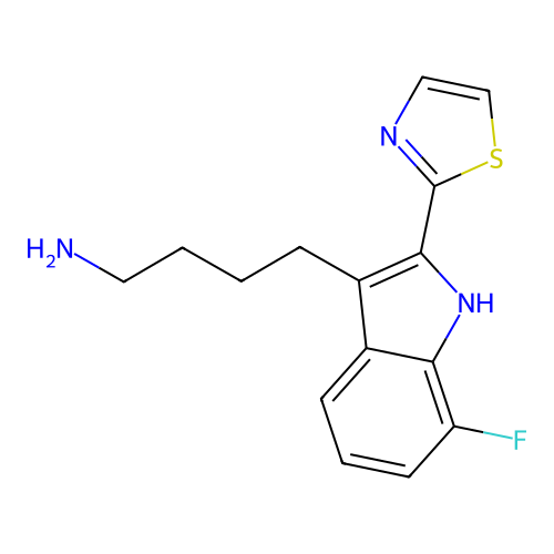 4-[7-fluoro-2-(1,3-thiazol-2-yl)-1H-indol-3-yl]butan-1-amine structure